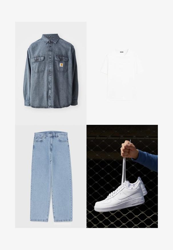 Denimskjorte i vaskede grå, med en krave der lukkes med knapper, to brystlommer og et lille logo-patch på den venstre lomme.; Hvid bomulds t-shirt med korte ærmer, rund halsudskæring og lige pasform. Glat tekstur uden synlige mønstre eller detaljer.; Lyseblå denimjeans med straight leg-design, der har en mid-rise talje, fem lommer og en lukning med knap og lynlås.; Hvide lædersneakers med perforeringer, rund tå, flad sål og tykke snørebånd, med et synligt swoosh-logo og "AIR" på hælen.