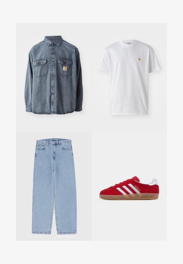 Koszula dżinsowa w wyblakłym szarym kolorze, z kołnierzykiem zapinanym na guziki, dwoma kieszeniami na piersi oraz małą naszywką z logo na lewej kieszeni.; Biała bawełniana koszulka z krótkim rękawem, okrągłym dekoltem, z małym złotym logo na lewej części klatki piersiowej. Miękka textura i regularny krój.; Jasnoniebieskie dżinsy o prostym kroju nogawki, z średnim stanem, pięcioma kieszeniami oraz zapięciem na guzik i zamek błyskawiczny.; Czerwone zamszowe sneakersy z białym wzorem trzech pasków i złotym napisem "Gazelle". Posiadają gumową podeszwę i teksturowaną piętę.