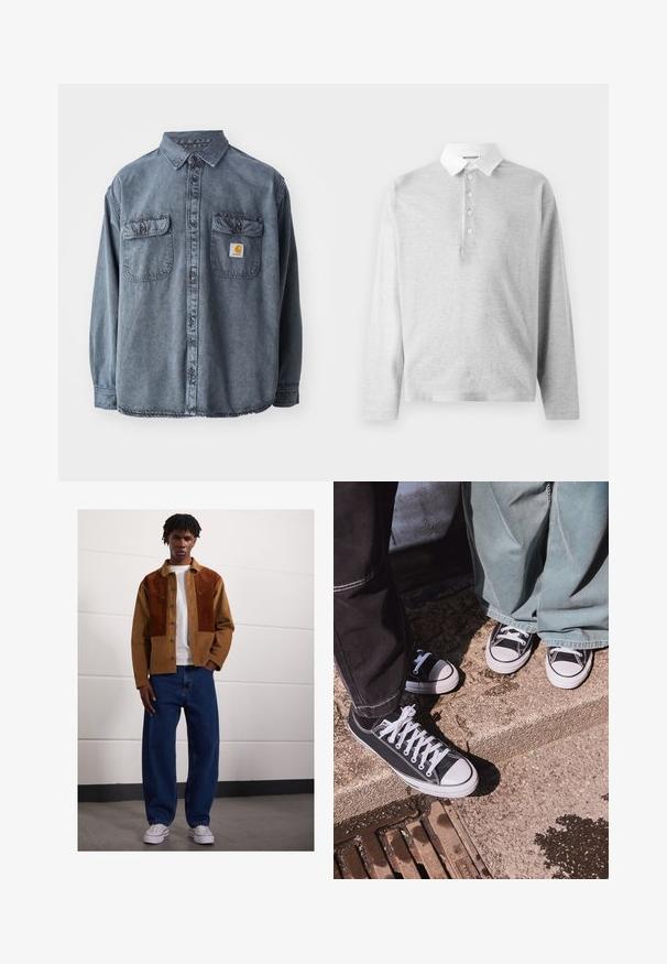 Pesu hall halli teksapait, millel on nööbidelt sulguv krae, kaks rinna taskut ja väike logo kleeps vasakus taskus.; Hele hall polo-särk pikka varrukaga, tehtud pehmest kangast, millel on valge krae ja neli nupuvajutust. Sile tekstuur, lihtne disain.; Mees seisab siseruumides, kandes pruuni rubriikjakki roosteplekkidega, valget T-särki, lahtisi siniseid teksaseid ja valgeid spordijalanõusid.; Mustad musta kangaga madalate tossudega, valgete kummist varvaste ja paeltega, kombineerituna laia rohelise denimpüksiga, tekstureeritud kivi pinna peal.