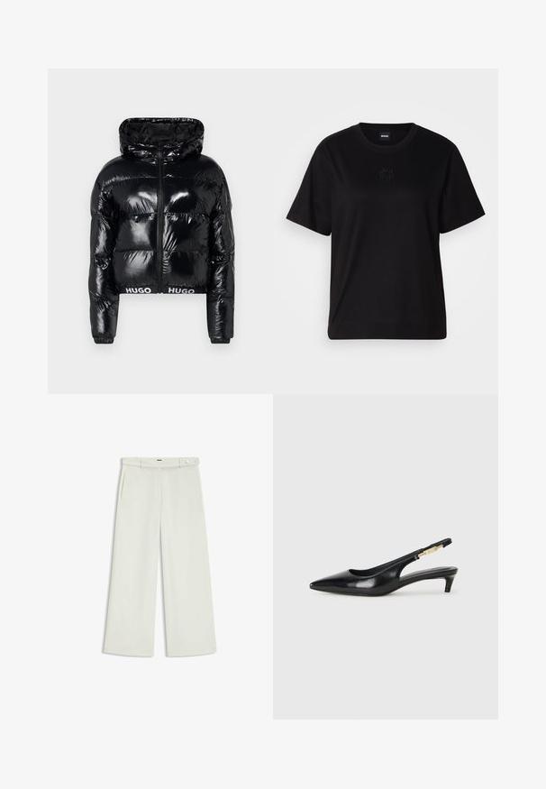 HUGO FARYNE - Vinterjacka - black; Svart bomullströja med rund halsringning, korta ärmar och en broderad logotyp på bröstet. Enkel, avslappnad passform utan mönster.; Vita byxor i ljus krämig tyg, med sidofickor, platt fram och en enda knappstängning vid midjan. Slät struktur.; Svart läder slingback-hälar med spetsig tå, med en smal klack och en guldtonad detalj på den justerbara remmen. Slät textur.