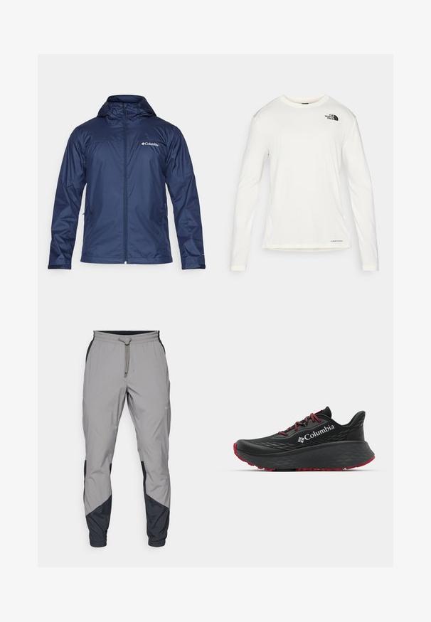 Giacca impermeabile blu navy con cappuccio, zip completa, due tasche laterali e logo Columbia sul lato sinistro del petto. Tessuto liscio e resistente all'acqua.; Camicia bianca a maniche lunghe con colletto tondo, tessuto testurizzato, logo nero sulla spalla sinistra e branding sottile sul fondo.; Pantaloni sportivi leggeri grigi con accenti neri. Vita elastica, chiusura con cordino, design a gamba affusolata e tasche laterali.; Scarpa sportiva nera con tomaia testurizzata, lacci rossi e logo. Suola spessa con battistrada a righe per una buona aderenza. Design minimalista, vista laterale.