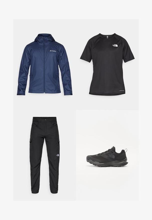 Casaco de chuva azul-marinho com capuz, fecho completo, dois bolsos laterais e logótipo da Columbia no lado esquerdo do peito. Tecido liso e resistente à água.; Camisa atlética preta de manga curta com um tecido texturizado, apresentando um logotipo branco no peito esquerdo e uma bainha reta.; The North Face HORIZON PANT - Calças para exterior - black; Sapatilha atlética preta com parte superior em malha, sola de borracha e colarinho almofadado. Apresenta atacadores, logótipo de lado e um design texturizado.