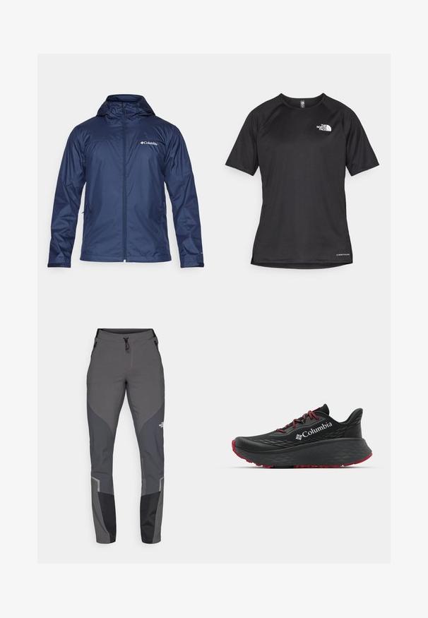 Tumši zils lietusjakas ar kapuci, pilnībā ar rāvējslēdzēju, divas sānu kabatas un Columbia logo kreisajā krūtī. Gluda, ūdensizturīga auduma.; Melna sporta krekla īsām piedurknēm ar strukturētu audumu, kas ir ar baltu logotipu kreisajā krūtīs un taisnu apakšmalu.; Pelēki pārgājienu bikses ar sašaurinātu piegriezumu, vairākām kabatām un kontrastējošiem tumši pelēkiem un melniem akcentiem. Izgatavotas no elastīga, izturīga materiāla.; Melnas sporta kurpes ar teksturētu augšdaļu, sarkanām auklām un logotipu. Bieza zole ar rakstainu protektoru, lai nodrošinātu saķeri. Minimālisma dizains, sānu skats.