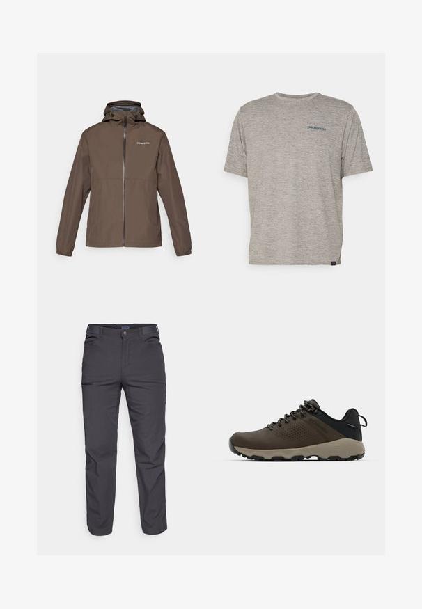 Lichtgewicht bruine jas met een capuchon, voorrits, elastische manchetten en het Didriksons-logo op de borst. Gladde textuur en casual ontwerp.; Grijze T-shirt met korte mouwen, gemaakt van zachte, gestructureerde stof, met een klein blauw Patagonia-logo op de linkerkant van de borst. Geen extra patronen.; Donkergrijze broek van duurzaam materiaal, met een ritssluiting zak, rechte snit en lussen voor een verstelbare pasvorm.; Bruine waterdichte sneakers met een gestructureerde bovenkant, geperforeerde accenten, zwarte hielsteun en een grijze rubberen zool. De veters zijn voorzien van metalen uiteinden.