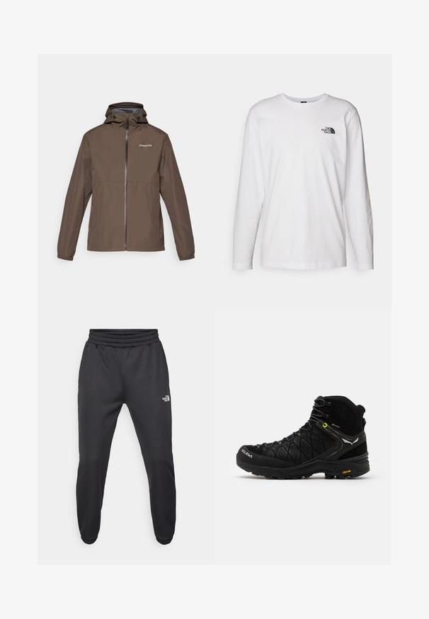 Hnědá lehká bunda s kapucí, předním zipem, elastickými manžetami a logem Didriksons na hrudi. Hladká textura a ležérní design.; Bílý dlouhý rukáv tričko vyrobené z bavlny s kulatým výstřihem. Na hrudi se nachází malé černé logo. Hladká textura, běžný střih.; Černé tepláky s nastavitelným pasem, zúženým střihem, elastickými manžetami a malým bílým logem na levém stehně, vyrobené z hladké tkaniny.; Černá turistická bota s texturovaným svrškem, zesílenou špičkou a podrážkou Vibram. Systém šněrování obsahuje háčky pro bezpečné uchycení.