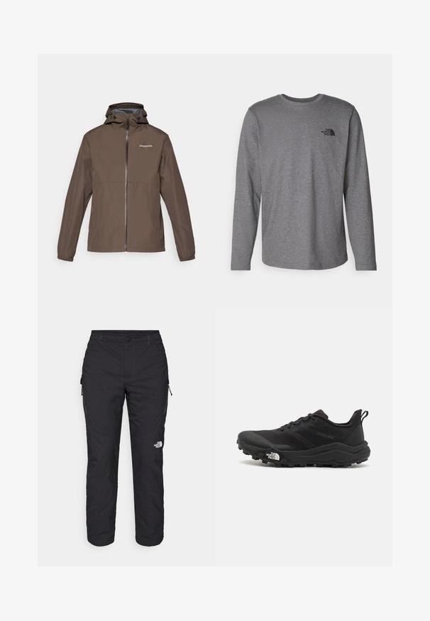 Giacca leggera marrone con cappuccio, zip frontale, polsini elastici e logo Didriksons sul petto. Texture liscia e design informale.; The North Face M L/S SIMPLE DOME TEE - Maglietta a manica lunga - medium grey heather; The North Face WINTER EXPLORATION TAPERED CARGO  - Pantaloni outdoor - black; Scarpa da trail running nera con tomaia texture, suola in gomma e punta rinforzata. Presenta un collare imbottito e un tassello per un indossamento facile.
