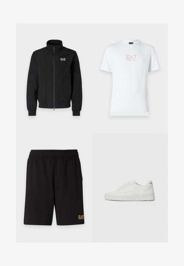 Čierna, ľahká bomber bunda so zipsom, so zúženými manžetami a golierom. Na hornej ľavej strane sa nachádza logo EA7.; Biela bavlnená tričko s okrúhlym výstrihom a krátkymi rukávmi, na prednej strane s potlačou zlatého loga EA7 Emporio Armani.; Čierne športové šortky vyrobené z jemného materiálu, s elastickým pásom a malým žltým logom EA7 na dolnej ľavej nohe.; Biele kožené tenisky s hladkým povrchom, okrúly špičkový dizajn, ploché šnúrky a textúrovaná podrážka. Obsahujú jemné logo na päte.