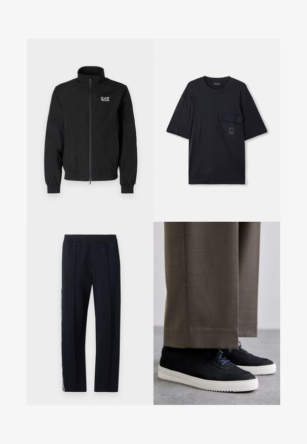 Juodas, lengvas bombakinis striukė su užtrauktuku, raštuotomis rankovėmis ir apykakle. Viršutinėje kairėje pusėje yra EA7 logotipas.; Juodas trumpas rankovės marškinėlis su apvalia kaklo iškirpte, su kišene kairėje krūtinės pusėje, ant kurios yra mažas stačiakampio formos logotipas.; Juodi, siaurėjantys kelnių su elastinga juosmens juosta, turintys dvi šonines kišenes ir baltą juostą, einančią per išorinę koją. Sklandus paviršius.; Juodi zomšiniai sportbačiai su baltais guminiais padais, su apvalia nosimi ir raišteliais, dėvimi su pilkais pritaikytais kelnais.