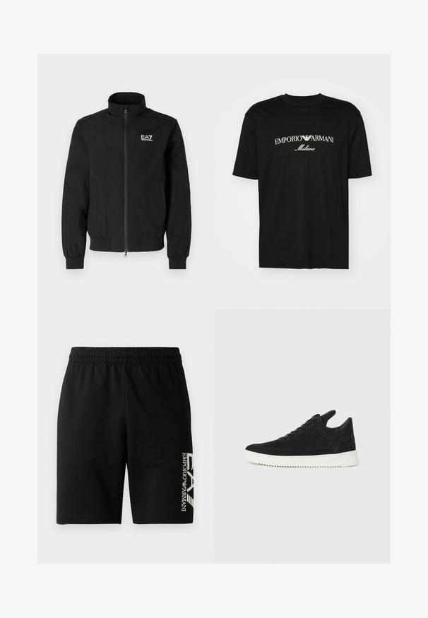 Bomber jacket preto, leve, com fecho de zip, punhos ribateados e colarinho. Apresenta um logo EA7 no lado superior esquerdo.; T-shirt de algodão preta com gola redonda, mangas curtas e o logo "EMPORIO ARMANI" em branco acima de "Milano" num design curvo.; EA7 Emporio Armani TRAIN VISIBILITY - Calções - black/cream; Sapatilha de camurça preta com sola de borracha branca, apresentando costuras tonais e um design com atacadores. Textura suave com uma forma moderna e simplificada.