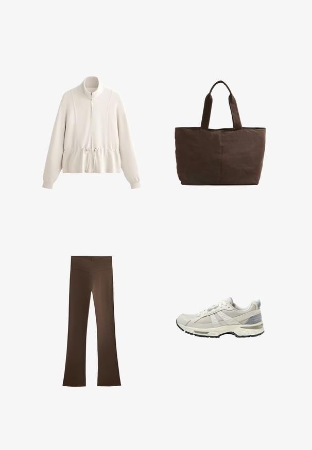 Hanorac crem deschis cu fermoar, guler înalt, talie elastică strânsă și mâneci lungi. Material moale cu detalii de cusături vizibile.; Pulover din blană texturată bej, cu guler înalt, fermoar până la jumătate și buzunar frontal. Dispune de mâneci largi și poală curbată.; Pantaloni maro evazați cu talie înaltă, având un design în cruce. Fabricat dintr-un material neted și elastic pentru confort și potrivire.; Pantof sportiv bej cu partea superioară din plasă texturată și accente netede. Dispune de o talpă amortizată, vârf întărit și talpă exterioară din cauciuc negru.; Geantă din țesătură maro, cu două mânere rezistente, formă rectangulară, detalii de coasere minime și textură netedă.