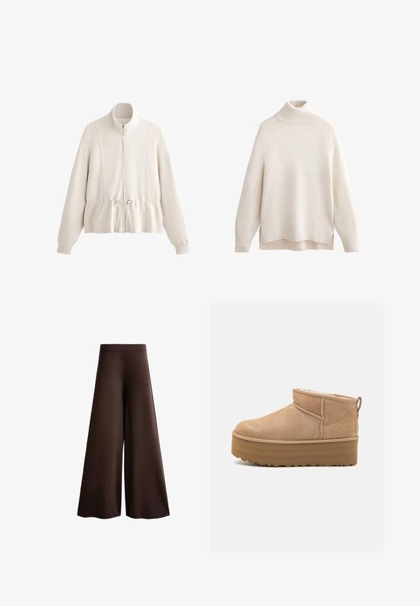 Světle béžová mikina na zip s vysokým límcem, staženým elastickým pasem a dlouhými rukávy. Měkký materiál s viditelnými švy.; Krémový svetr s rolákem, hřebíkový límec a manžety, měkká pletená textura, volný střih, boční rozparky a mírně prodloužený zadní lem.; Hnědé kalhoty s širokými nohavicemi vyrobené z měkké látky, s vysokým pasem, jemnou texturou a plynulým siluetou bez viditelných zapínání nebo ozdob.; Béžové semišové kotníkové boty s plyšovým interiérem, které mají platformovou podrážku a poutko na zadní straně pro snadné obutí. Texturovaná gumová podrážka.
