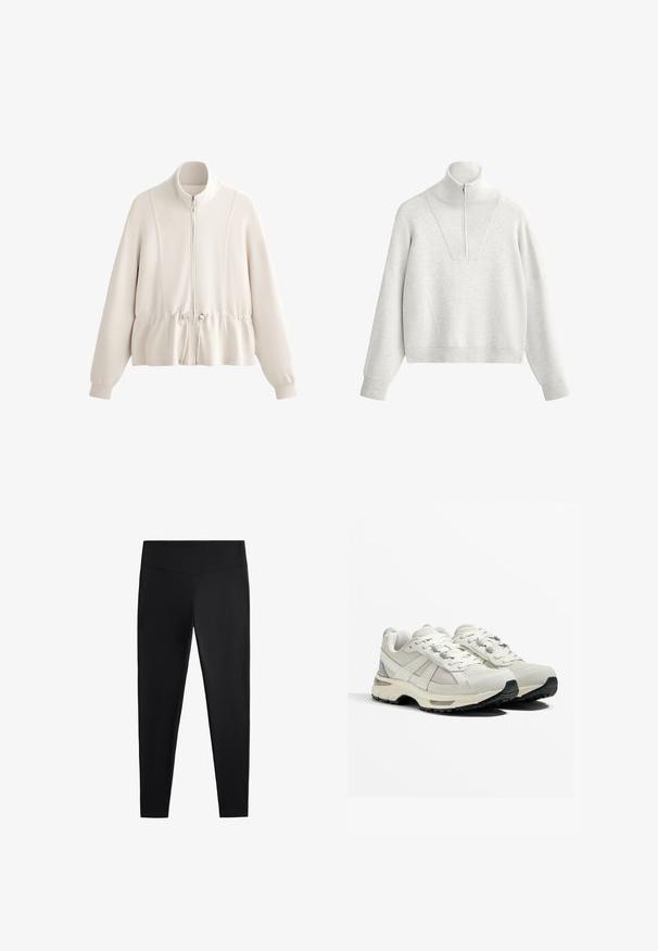 Lichtbeige hoodie met rits en hoge kraag, gathers in de elastische taille en lange mouwen. Zacht materiaal met zichtbare naaddetails.; Lichtgrijze sweatshirts met een hoge kraag, voorzien van een halve rits en ribbeltextuur. Vierkante snit met doorlopende schouders en een gestructureerd ontwerp.; Zwarte leggings van gladde, rekbare stof. Voorzien van een brede tailleband en een taps toelopend pootdesign, geschikt voor actieve of casual kleding.; Lichte hardloopschoenen in beige en grijs. Bovenwerk van mesh, rubberen zool, veters met versterkte ogen en een getextureerde hakaccent.
