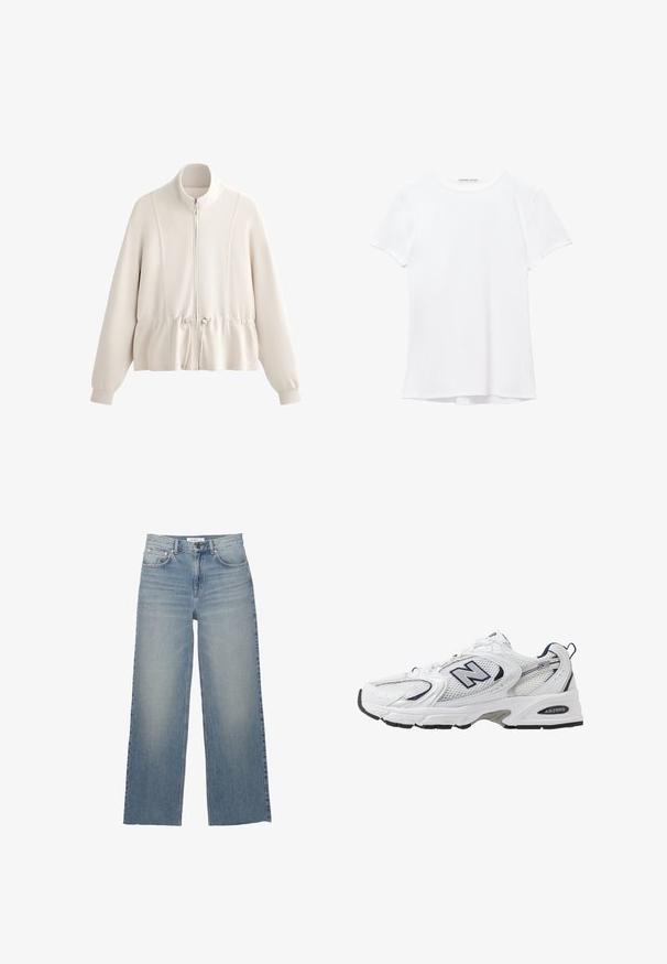 Felpa beige chiaro con zip, colletto alto, vita elasticizzata arricciata e maniche lunghe. Materiale morbido con dettagli delle cuciture visibili.; T-shirt bianco a maniche corte realizzato in tessuto liscio, caratterizzato da un colletto rotondo e dettagli di cucitura discreti all'orlo.; Jeans a gamba larga di un azzurro chiaro, realizzati in denim, con vita alta, tasche frontali e chiusura con bottone. Texture liscia con zone sbiadite.; Scarpa sportiva bianca con tomaia in mesh, dettagli in blu marino e suola imbottita. Presenta il logo "N", lacci e dettaglio texturizzato sul lato.