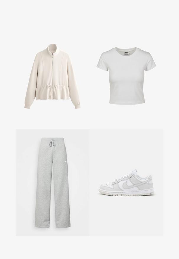 Felpa beige chiaro con zip, colletto alto, vita elasticizzata arricciata e maniche lunghe. Materiale morbido con dettagli delle cuciture visibili.; T-shirt bianca in cotone con collo rotondo classico, maniche corte e forma aderente. Nessun motivo o dettaglio visibile.; Pantaloni tuta grigi con vita elastica, dettaglio con cordino e piccolo logo Nike bianco sulla coscia sinistra. Tessuto morbido, vestibilità ampia.; Sneaker bianchi in pelle con accenti grigi, punta perforata, lacci piatti, collo imbottito e suola in gomma testurizzata.
