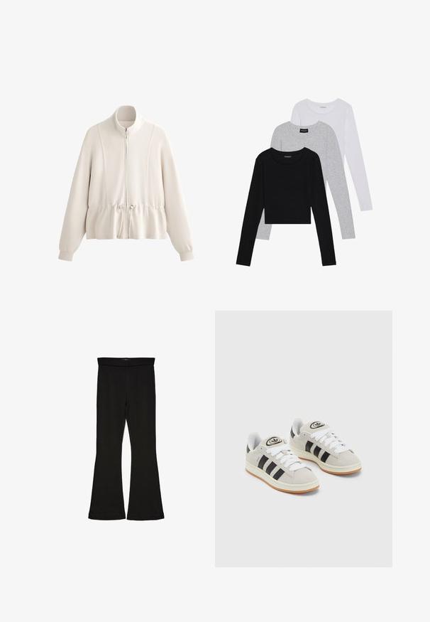 Világos bézs színű, cipzáros pulóver magas gallérral, gumírozott derékrésszel és hosszú ujjakkal. Puha anyag, látható varrási részletekkel.; Három hosszú ujjú póló egymásra rakva: fekete, szürke és fehér. Mindegyiknek kerek nyaka van, és rövidített fazonnal rendelkezik, sima, könnyű anyagból készült.; Fekete trapéz leggings rugalmas anyagból készült. Széles derékpánttal és sima textúrával rendelkezik, illeszkedő sziluettje van, amely a szegélyen kigyullad.; Szürke velúr sportcipők fehér fűzővel, fekete csíkokkal és fehér gumitalppal. A nyelvén kör alakú logó található, illetve a talpa színes gumi.