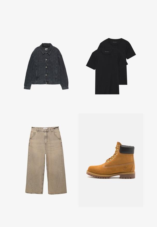 Sort denimjakke med quiltet tekstur, frontknapper og krave. Har lange ærmer og en afslappet pasform.; To sorte bomulds t-shirts med korte ærmer, rund halsudskæring og en glat tekstur, vist stablet sammen.; PULL&BEAR MEGA BAGGY - Baggy jeans - light grey; Tan nubuck ankelstøvle med sort polstret krave, gyldne metaløjer, hvid syning detaljer og robust gummisål med udtalte slidbaner.