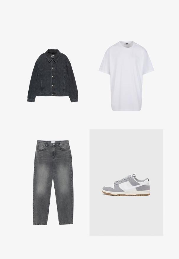 Giacca di jeans nera con texture trapuntata, bottoni frontali e colletto. Presenta maniche lunghe e una vestibilità comoda.; Maglietta bianca in cotone con maniche corte, scollatura rotonda, vestibilità comoda e senza loghi o motivi visibili. Texture liscia e design minimale.; Jeans a vita alta, dal taglio ampio in denim nero sbiadito. Presentano cinque tasche, passanti per cintura e un design dritto e pulito.; Le sneakers Nike presentano una tomaia in camoscio grigio e pelle bianca con perforazioni, lacci rotondi e una suola in gomma per una migliore aderenza.
