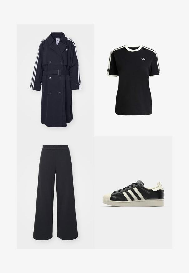 Czarny płaszcz trench z podwójnym zapięciem, z paskiem w talii i białym wzorem w trzy paski na rękawach. Wykonany z gładkiego materiału, z klapowanym kołnierzem.; Czarna bawełniana koszulka z białymi akcentami na kołnierzyku i rękawach, z trzema białymi paskami na każdym ramieniu oraz małym logo na piersi.; Czarne szerokie spodnie dresowe wykonane z miękkiego materiału, z elastycznym paskiem w talii oraz małym logo po lewej stronie.; Czarne skórzane trampki z białymi paskami, gumowym czubkiem, czarnymi sznurówkami i kremową podeszwą. Gładka faktura z połyskującym wykończeniem.