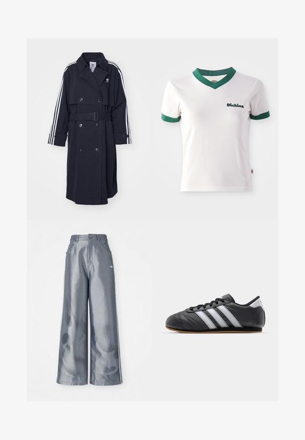 Svart trenchcoat med dobbeltradet lukking, belte i midjen, og hvit trefarget design på ermene. Har glatt stoff og klippet krage.; Hvit T-skjorte med korte ermer og grønn V-hals og ermekanter; har "Dickies"-logo i mørkegrønn på venstre bryst. Glatt bomullstekstur.; Vide benbukser i skinnende grå materiale, med hvide sidestriber og et flammemønster på de nederste ben. Knap- og lynlåslukning i taljen.; Svart lær sportsko med hvite striper, rund tå, flat såle og snøring. Har perforeringer for pusteevne.