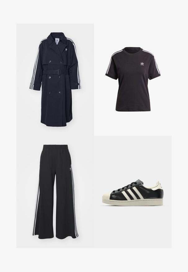 Svart trenchcoat med dobbeltradet lukking, belte i midjen, og hvit trefarget design på ermene. Har glatt stoff og klippet krage.; Svart bomull T-skjorte med kort erme og rund hals, med hvite striper på skuldrene og en liten hvit Adidas-logo på brystet.; Svart vide joggebukser med elastisk midjebånd, med hvite sidestriper og brodert logo på venstre lår.; Svarte skinnsneakers med hvite striper, gummitopp, svarte lisser og en kremfarget såle. Glatt tekstur med blank finish.