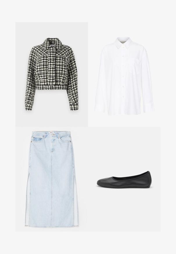 Korte jacket met een zwart-wit pied-de-poule patroon, gemaakt van textuurstof. Heeft een kraag en lange mouwen, met een rits aan de voorkant.; Witte lange mouwen overhemd met kraag van katoen. Voorzien van een knoopsluiting aan de voorkant en een enkele borstzak. Een gladde textuur en een ontspannen pasvorm.; Lichtblauwe denim maxi rok met een rechte snit, voorzien van zijsplits en een ontwerp met vijf zakken. Opvallende stiksels en metalen knoopsluiting.; Zwarte leren ballerina met een ronde neus, gladde textuur, minimale stikdetails en een flexibele zoolontwerp.