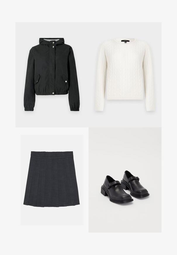 Geacă neagră de vânt cu glugă, manșete elastice, două buzunare laterale și închidere cu capse. Textură netedă, design scurt, stil casual.; Pulover alb din tricot cu model de cable, cu mâneci lungi, guler rotund și un detaliu decorativ cu perlă la guler. Textură moale și design strâns.; Fustă plisată de culoare gri închis, cu un elastic în talie, având un material texturat și o siluetă clasică în A. Potrivită pentru ținute casual.; Pantofi din piele neagră cu vârf rotunjit, talpă plată și o curea cu detaliu de cataramă. Toc gros pentru o stabilitate suplimentară.