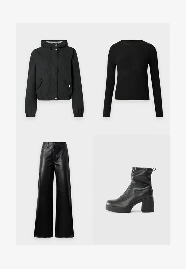 Geacă neagră de vânt cu glugă, manșete elastice, două buzunare laterale și închidere cu capse. Textură netedă, design scurt, stil casual.; Pulover negru cu mâncă lungă, cu textură ribbed, cu decolteu rotund, expus pe un fundal deschis și simplu.; Pantaloni negri cu talie înaltă, largi, din piele sintetică, cu nasture frontal, închidere cu fermoar, bucle pentru centură și buzunare laterale pe fundal alb.; Bocanci negri de glezna din piele netedă, cu fermoar lateral, toc texturat și masiv, și design cu vârf rotund.