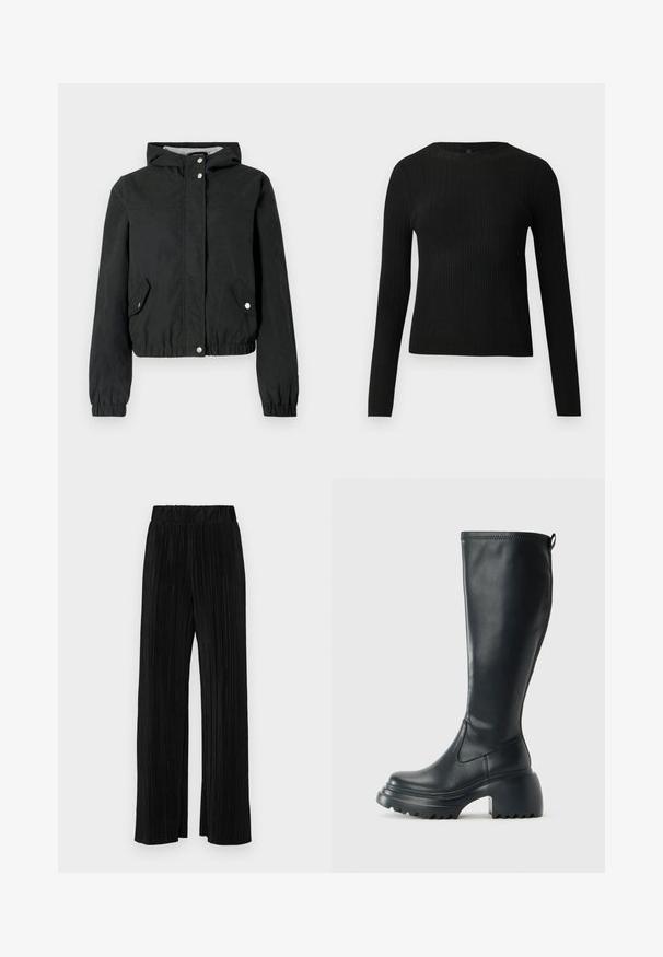 Musta tuulitakki hupulla, joustavilla hihoilla, kahdella sivutaskulla ja nepparikiinnityksellä. Sileä pinta, lyhyt malli, rento tyyli.; Mustat ribbitetut pitkähihaiset tiukat neuleet, joissa on pyöreä pääntie, esillä yksinkertaisella vaalealla taustalla.; Mustat pleatatut housut, joissa on joustava vyötärö. Ominaisuuksiin kuuluvat leveät lahkeet ja sileä, teksturoitu kangas, jossa on pystysuoria raitoja.; Korkeat mustat nahkakengät, joissa on paksu pohja ja lohkare korko, varustettuna vetonauhalla ja tekstuurilla ulkopohjassa.