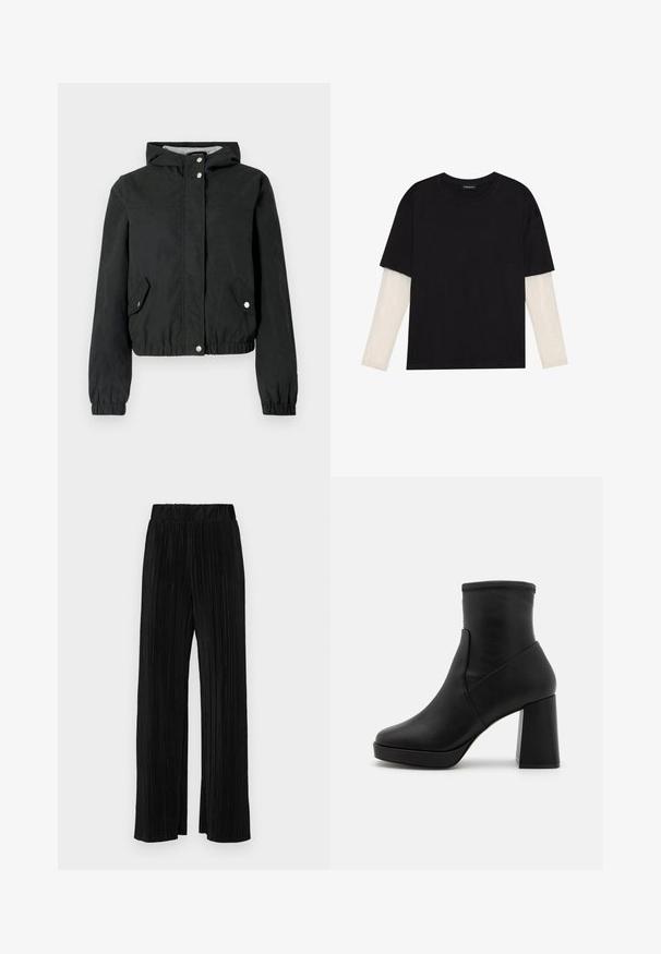 Geacă neagră de vânt cu glugă, manșete elastice, două buzunare laterale și închidere cu capse. Textură netedă, design scurt, stil casual.; Tricou negru din bumbac, cu mâneci scurte, peste un strat alb cu mâneci lungi, având un model texturat subtil. Design cu guler rotund.; Pantaloni negri plisati cu talie elastică. Prezintă picioare largi și un material neted, texturat, cu dungi verticale.; Botine negre din piele cu toc înalt bloc, textură netedă și partea superioară ajustată. Prezintă un design fără cusături, fără elemente de prindere vizibile.
