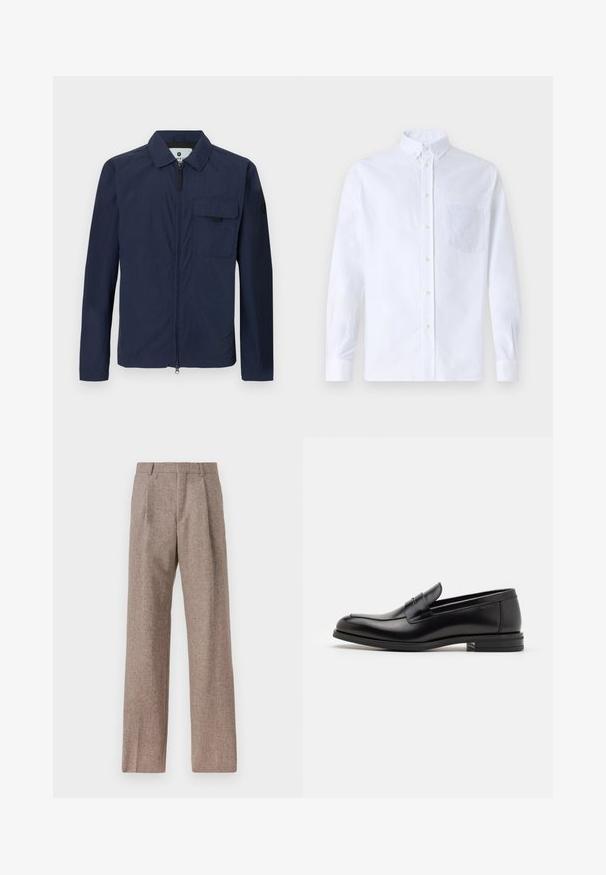 Tume sinine kergest materjalist jakk krae, esiseebite ja rinnataskuga. Omab siledat tekstuuri ja minimaalselt kujundust.; Valge pikamaa varrukatega nööbiga särk, mis on valmistatud puuvillast ja millel on rinna tasku toon-toonis brodeeringuga, krae ja nööbiga mansetid.; Prunnid, kõrge vöökohaga püksid, mis on valmistatud tekstureeritud kangast. Omavad laiu jalgu ja kahte eesmist voldikut struktuuri jaoks. Korralik viimistlus, ilma nähtava riistvarata.; Mustad mustad nahast loafers sileda tekstuuriga, ümarat ninaosa ja dekoratiivne riba vampi üle. Madal kihiline konts, minimalistlik disain.