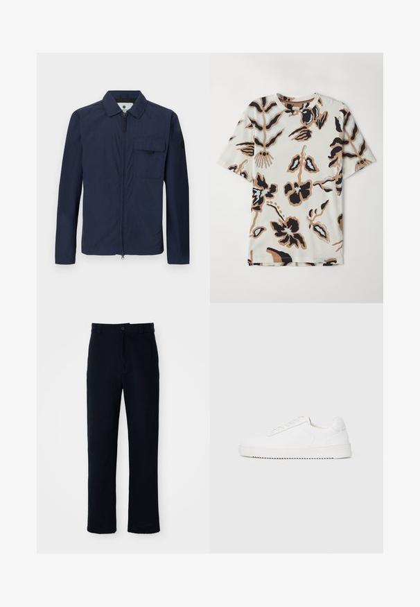 Námořnická modrá lehká bunda s límcem, předním zipem a kapesní kapsou. Má hladkou texturu a minimalistický design.; Tričoko s krátkým rukávem vyrobené z měkké látky, s krémovým pozadím a abstraktními květinovými vzory v černé, hnědé a světle modré barvě.; Námorně modré kalhoty vyrobené ze 100 % bavlny, s rovnými nohavicemi, předním zapínáním na knoflík a klasickým pasem s poutky na pásek.; Bílé tenisky s hladkým koženým svrškem, zaoblenou špičkou, šněrováním, texturovanými bočními akcenty a silnou gumovou podrážkou. Minimalistický design.