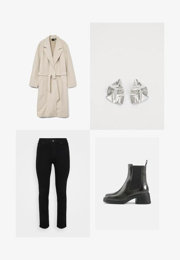 Beige omslagsfrakke lavet af blødt stof, med krave, lange ærmer, bælte i taljen og to forreste påsatte lommer.; Striktrøje med en cremet bund og brune samt tan dyreprint. Rund hals, lange ærmer, blød tekstur og afslappet pasform.; Sorte denimjeans med slim fit, fem-lomme design, frontknaplukning og let stræk for komfort. Flad, glat tekstur med minimal dekoration.; Sorte læder ankelstøvler med en glat finish, elastiske sidepaneler og en kraftig hæl. Har en strop for nemmere påtagning.; Sølvmetal øreringe med et bølgende, skulpturelt design, der har en poleret overflade og uregelmæssige former, hvilket fremhæver en moderne æstetik.