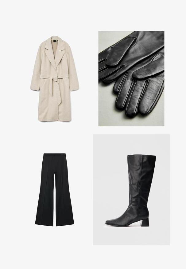 Beige wrap coat made of soft fabric, featuring a collar, long sleeves, a belt at the waist, and two front patch pockets.; Mustat korkeakauluksinen neulepaita pehmeästä kankaasta, jossa on pitkät hihat ja rento istuvuus, sekä yksinkertainen, minimalinen muotoilu.; Mustat leveälahkeiset housut, joissa on sileä pinta, etupuolella laskokset ja muotolaskettu malli. Kangas on kevyttä ja laskeutuvaa.; Musta nahkainen keskipitkä saapas, jossa on terävä kärki ja pömpöti korko vaalealla taustalla.; Mustat nahkahanskat, joissa on sileä pinta, ompeleet sormien kohdalla ja muotoilultaan istuva malli. Pehmeä, joustava materiaali mukavuutta varten.