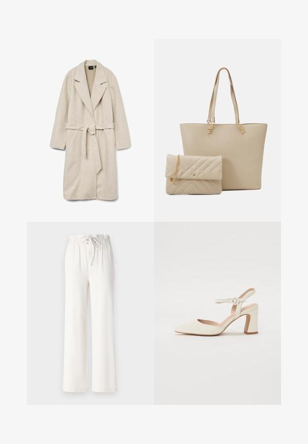 Bees värvitud üleriide, mis on valmistatud pehmest kangast, millel on krae, pikad varrukad, vöö taljes ja kaks esist taskut.; Valge lühikeste varrukatega T-särk laia ümaraha kaelusega ja tekstureeritud ribapatterniga, pehmest kangast, lõdva istuvuse ja puhta disainiga.; Valged laiad püksid, mis on valmistatud pehmest kangast, nööriga vöökohaga ja siledast tekstuurist. Muster ega kaunistused pole nähtavad.; Koonus-peat, kreemjas värvitoonis säärisega king, millel on plokkkonts. Omab õhukest pahkluu rihma ümmarguse pandlaga ja sujuvat nahastruktuuri.; Beesum kott, millel on lamedad käepidemed, sile tekstuur ja kuldne riistvara, koos sobiva tikandiga kottide koos ahelkandiga.