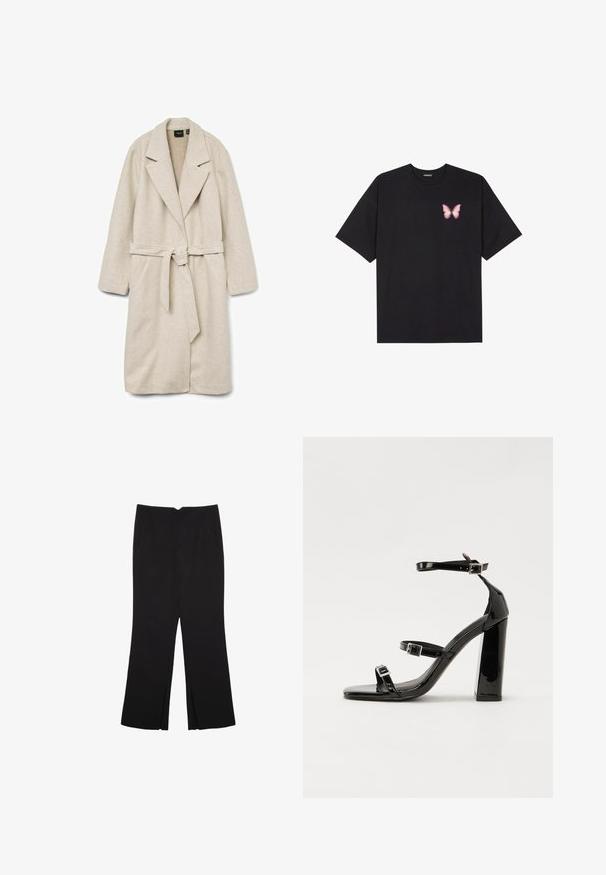 Beige omslagsfrakke lavet af blødt stof, med krave, lange ærmer, bælte i taljen og to forreste påsatte lommer.; Sort bomulds T-shirt med korte ærmer, prydet med en lille pink sommerfugl grafik på venstre bryst. Rund hals design med en afslappet pasform.; Sorte bukser med lige pasform, der har frontlommer og slidser i kanten. Lavet af blødt, glat stof. Velegnet til forskellige anledninger.; Sorte patenterede hælsandaler med firkantet tå, ankelremme og sølvspænder. Har en chunky blokHæl for stabilitet.