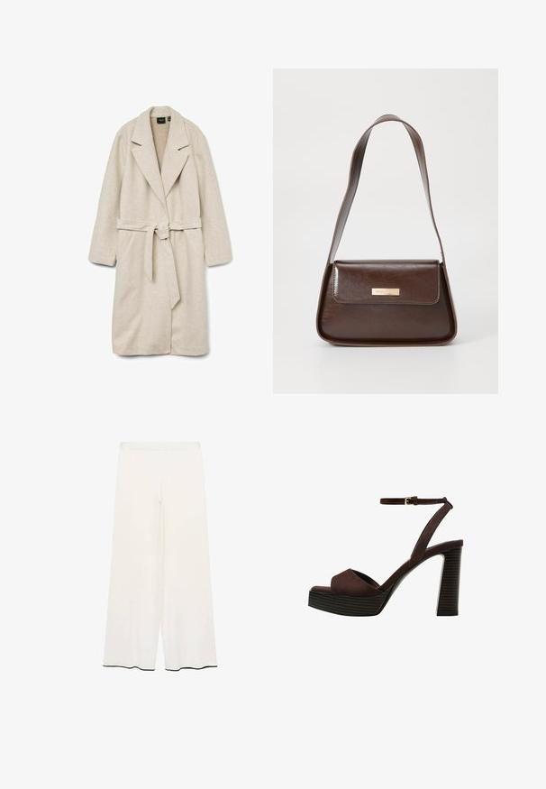 Beige omslagsfrakke lavet af blødt stof, med krave, lange ærmer, bælte i taljen og to forreste påsatte lommer.; Sort tank top lavet af bomuld, med rund halsudskæring og brede armhuller. Glat tekstur med syede kanter. Klassisk, minimalistisk design.; Videbenede bukser i cremefarvet stof med en glat tekstur. Har en enkel talje og sort kant langs sømmen for kontrast.; Brune ruskinds højhælede sandal med åben tå, justerbar ankelrem og en stribet plade sål.; Brun læder skuldertaske med en struktureret form, der har en magnetisk klaplukning og en metallisk logoaccents på forsiden.