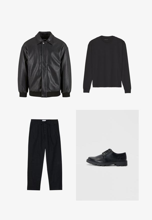 Juodas odinis švarkas su apykakle, priekyje užsegamas užsegimu ir raštinės rankovėmis. Lygus paviršius su šiek tiek laisvesniu dizainu.; Juodas ilgomis rankovėmis marškinėliai, pagaminti iš minkštos medvilnės. Turi apvalų iškirpimą ir pūkuotas rankoves, yra laisvo silueto ir be raštų ar grafikų.; Pier One Chino stiliaus kelnės - black; Juodos odinės bateliai su raišteliais, apvalia nosimi, žemu guminiu padu ir subtiliu siuvimo akcentu palei kraštus.