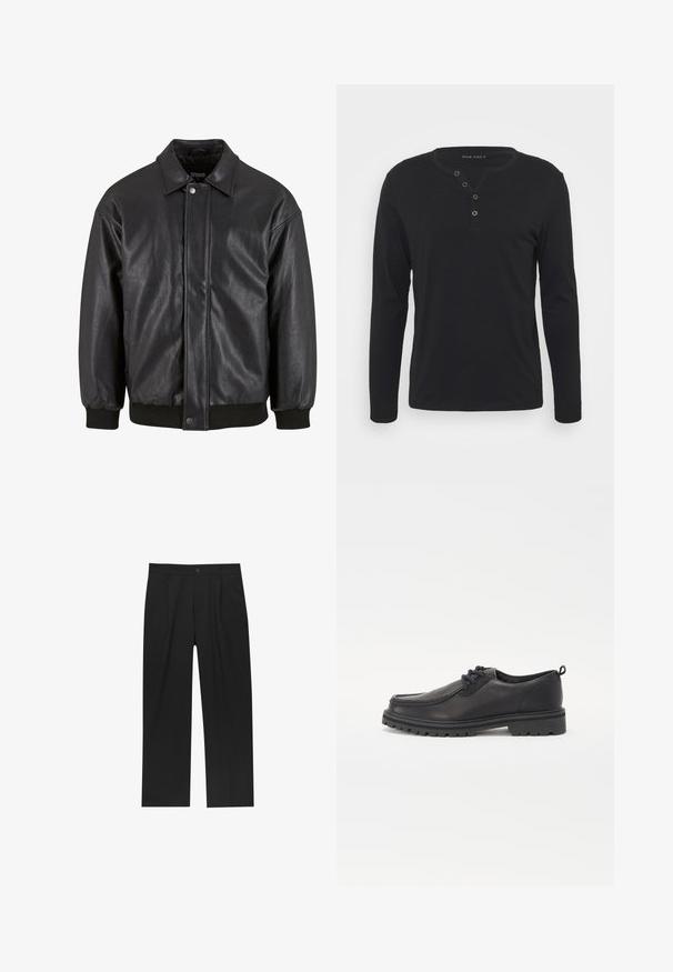 Črna usnjena jakna s ovratnikom, sprednjim zapiranjem na pritisni gumb in rebrastimi manšetami. Gladka tekstura z rahlo ohlapnim krojem.; Črna dolga majica s kratkimi rokavi henley iz mehkega blaga, ki ima gumbasto zaponko, okroglo ovratnico in oprijete rokave.; Črne hlače z ravnim krojem, narejene iz gladkega materiala. Imajo sprednje gube in enojno zaponko na pasu.; Črne usnjene čevlje z zaobljenim nosom, teksturiranim šivom, nizkim profilom in gumijastim podplatom, ki ima globoke utore za oprijem.
