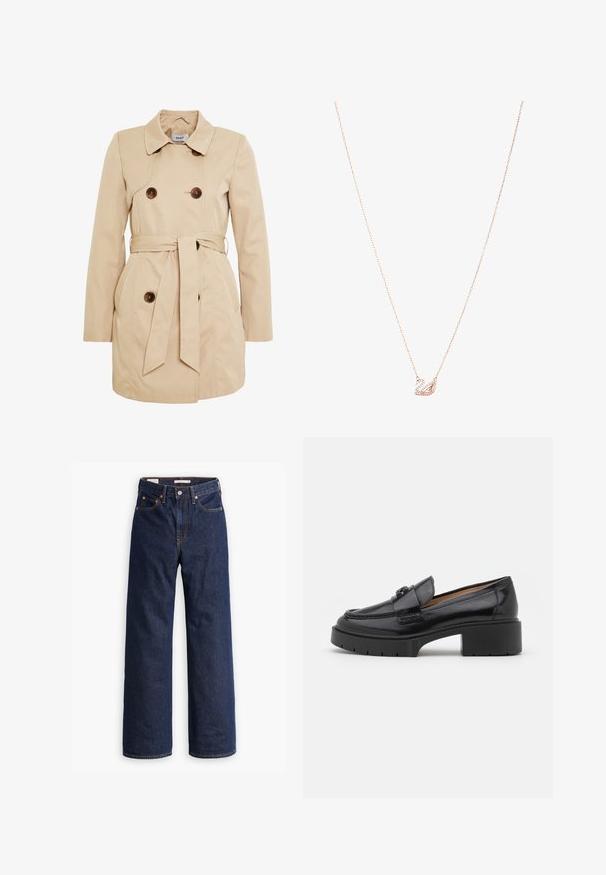Bež plašč iz gladkega blaga z dvojnim zapenjanjem na gumb, pasom v pasu in dvema stranskima žepoma.; Svetlo modra bluza iz sijočega materiala, z klasičnim ovratnikom, sprednjim gumbom, napihnjenimi rokavi in večplastnim, nabranim robom.; Temno modri kavbojasti jeans ravnega kroja s petimi žepi, oranžnim šivanjem in zapiranjem na gumb.; Črne usnjene loafer čevlje z nizko blok peto, zaobljenim nosom, okrasnim trakom in teksturiranim šivom na zgornjem delu. Gladek zaključek.; Ogrlica v rožnato zlato z obeskom v obliki laboda, okrašena s prozornimi kristali. Veriga ima občutljiv dizajn povezav.