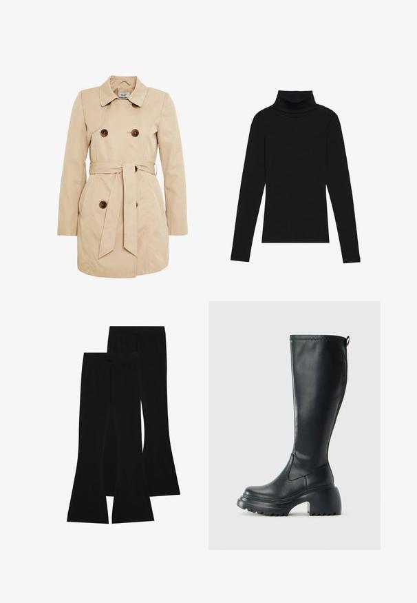 Béžový trench coat vyrobený z hladkej látky s dvojradovým zapínaním na gombíky, pásom v oblasti pása a dvoma bočnými vreckami.; Čierny rolák s dlhým rukávom, vyrobený z rebrovanej tkaniny, má priliehavý strih s vysokým golierom a bez vzorov alebo akcentov.; Čierne rozšírené nohavice vyrobené z elastickej látky, so zvýšeným pásom a hladkým povrchom, s priliehavým strihom, ktorý sa rozširuje od kolena.; Vysoká čierna kožená čižma s masívnou platformou a blokovým podpätkom, s praktickým pútkom a textúrovaným vzorom na podošve.