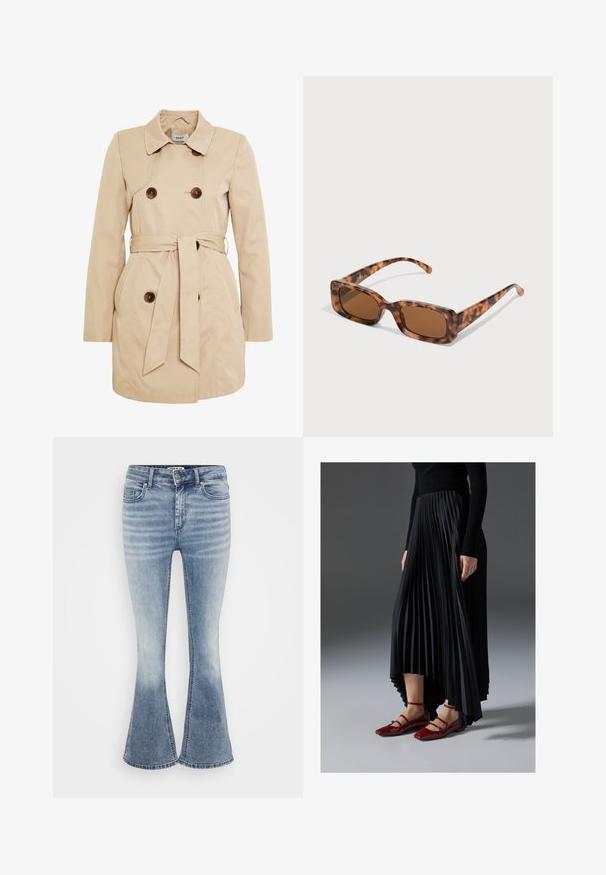 Trench coat bege feito de tecido suave, com fecho de botões duplos, um cinto na cintura e dois bolsos laterais.; Even&Odd Petite 3 PACK - Camisola de manga comprida - black/white/light green; Calças de ganga azuis claras, com corte à boca de sino, apresentando um design clássico de cinco bolsos, fecho frontal com zipper e um efeito de desbotado suave ao longo das coxas.; Saia preta plissada com bainha assimétrica, combinada com sapatilhas vermelhas brilhantes com um design de tiras. O tecido tem uma textura suave.; Uns óculos de sol de padrão tartaruga com lentes retangulares castanhas, uma armação grossa e hastes finas com um padrão de diferentes tons de castanho.