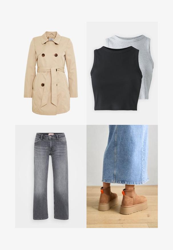 Palton bej dintr-un material neted, cu închidere cu nasturi dublu-butonat, o curea la talie și două buzunare laterale.; Even&Odd Petite 2 PACK - Top - light grey/black; Jeans gri din denim cu un design drept, stil cu cinci buzunare, decolorare subtilă și închidere cu buton la talie.; Botine maro din suede cu platformă, cu panouri elastice pe laterale și mânere portocalii, asortate cu o fustă din denim deschis până la genunchi, pe un podea din lemn.