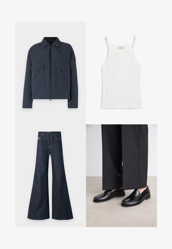 Tumedast sinise värvi jope tekstureeritud kangast, millel on tõmblukuga sulgemine, kaks esikotti ja püstine krae logoga kaunistus.; Valge tank top, millel on õhukesed rihmad, valmistatud ribakangast, sirge dekoltee ja puhas viimistlus allääres.; Tumedat sinavad teksad, mille sirge lõige, kõrge vöökoht, kuldne tikand ja kaks esitaskut nupuga.; Mustadest nahast loaferdest on sile pind, õmmeldud detaile varvaste ümber ja madal kummitald. Kombineeritud laia musta pükste jaoks.