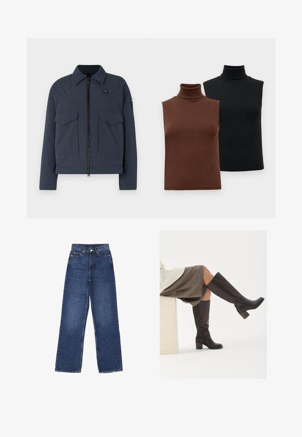 Giacca blu navy in tessuto testurizzato, con chiusura a zip, due tasche frontali e colletto alto con un accento di logo.; Due top senza maniche a coste, uno marrone e uno nero, esposti su uno sfondo bianco semplice.; Jeans in denim blu a gamba larga con vita alta, dotati di chiusura a bottone, cinque tasche e leggere sfumature sul tessuto.; Stivali marroni in pelle alti fino al ginocchio, con punta quadrata, tacco spesso e zip laterale. Texture liscia con finitura lucida.