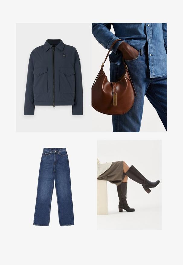 Marineblaue Jacke aus strukturierter Stoffqualität, mit einem Reißverschluss, zwei Fronttaschen und einem Stehkragen mit Logo-Akzent.; Zwei ärmellose, gerippte Rollkragenoberteile in Braun und Schwarz, auf einem schlichten weißen Hintergrund präsentiert.; Weite blaue Jeans mit hoher Taille, Knopfverschluss, fünf Taschen und subtilen Verwaschungen auf dem Stoff.; Braune Lederstiefel bis zum Knie mit eckiger Zehenpartie, blockiertem Absatz und seitlichem Reißverschluss. Glatte Oberfläche mit polierter Optik.; Braune Leder-Hobo-Tasche mit runder Form, ausgestattet mit goldenen Hardware-Details und kontrastierenden Nähten. Kombiniert mit einem Jeanshemd und Jeans.