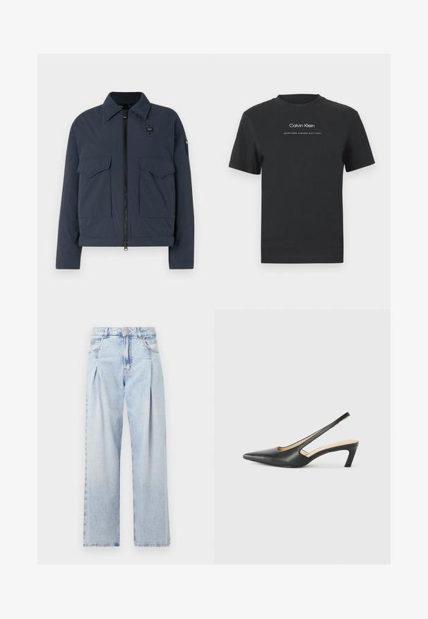 Marineblå jakke lavet af struktureret stof, med lynlås, to forlommer og en oprejst krave med logoaccent.; Sort bomulds T-shirt med rund halsudskæring, korte ærmer og hvidt trykt "Calvin Klein" logo samt teksten "Established 1968".; Lyseblå denim jeans med høj talje, bred benåbning, to sidelommer og plisseret design. Blød tekstur med et falmet finish.; Sorte spidse slingback-sko med en lav hæl, lavet af glat læder og med udskæringer på siden for åndbarhed.