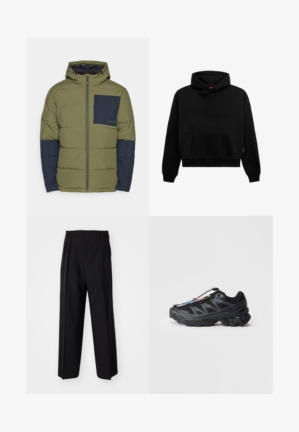 Oakley TAHOE JACKET - Winterjacke - new dark brush; Schwarzer Kapuzenpullover aus Baumwollmischung. Verfügt über eine Fronttasche, gerippte Bündchen und Saum sowie einen lässigen, cropped Schnitt. Weiche Textur.; Schwarze, plissierte Hose mit geradem, weitem Bein. Hergestellt aus glattem Stoff, mit Knopfverschluss und Gürtelschlaufen.; Schwarzer Sportschuh mit einem strukturierten Mesh-Obermaterial, verstärkter Zehenkappe und einem Schnellverschluss-System. Verfügt über eine robuste Laufsohle und einen leichten Absatz.