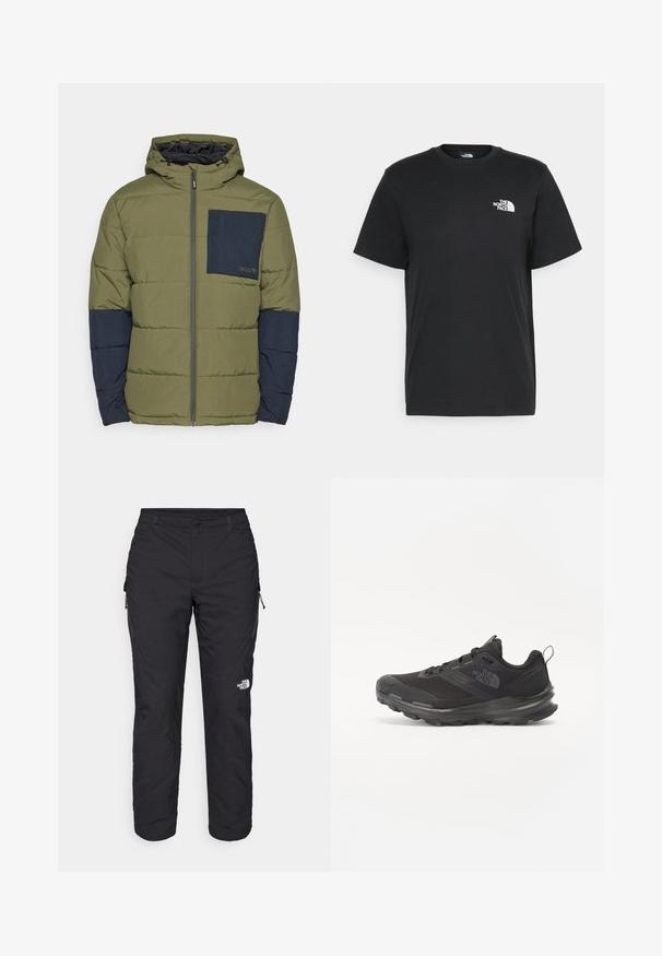 Oakley TAHOE JACKET - Ziemas jaka - new dark brush; Melna kokvilnas T-krekls ar īsām piedurknēm, apaļu kakla izgriezumu un mazu balto logotipu kreisajā krūtīs. Vienkāršs dizains, gluda tekstūra un brīvs piegriezums.; The North Face WINTER EXPLORATION TAPERED CARGO - Āra bikses - black; Melnas sporta kurpes ar sietu virsu, gumijas zoli un mīkstinātu apkakli. Satur šņores, logotipu sānos un strukturētu dizainu.