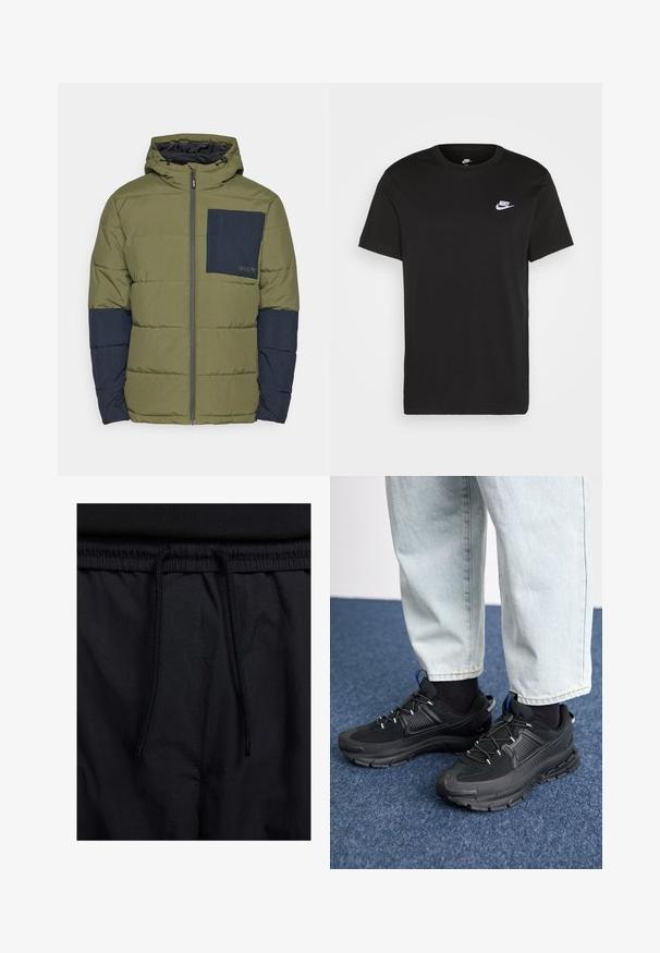 Oakley TAHOE JACKET - Casaco de inverno - new dark brush; T-shirt de algodão preto com mangas curtas, decote redondo e um pequeno logótipo da Nike em branco no canto superior esquerdo do peito. Textura suave. Ajuste clássico.; Calções pretos com um cós elástico ajustável, fabricados em tecido leve com uma textura suave e um design simples, sem logótipos ou padrões visíveis.; Sapatilhas desportivas pretas com tecido texturizado e solas em borracha, apresentando atacadores elásticos e um detalhe azul no calcanhar. Usadas com calças de ganga claras.