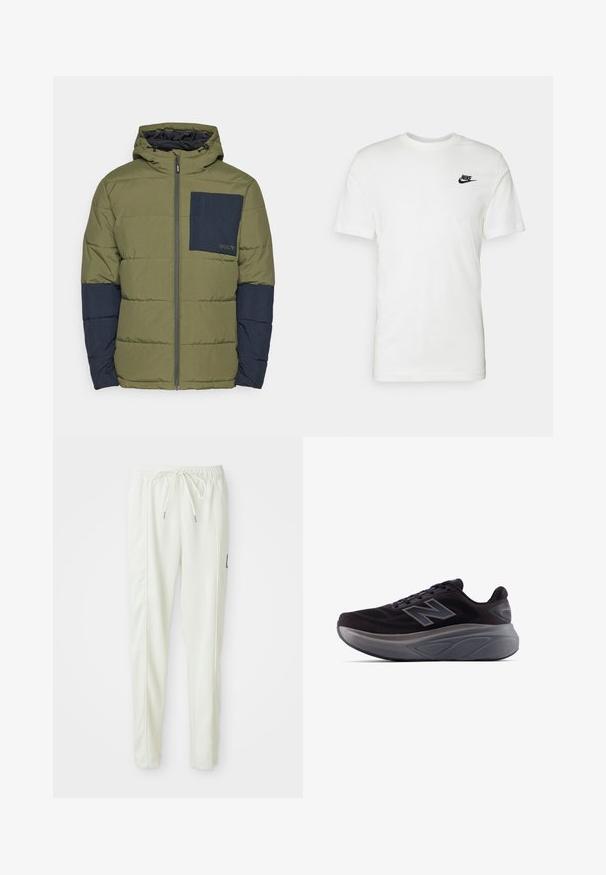 Oakley TAHOE oliwkowy; Biała bawełniana koszulka z krótkim rękawem, okrągłym dekoltem i czarnym logo Nike na lewej piersi. Gładka textura i klasyczny krój.; Białe joggerki slim fit z elastycznym paskiem w talii i sznurkiem do regulacji, z bocznymi przeszyciami oraz małą czarną naszywką na prawej nogawce.; Czarne buty sportowe z wykończeniem teksturowanym, wzmocnionym piętą oraz grubą szaro-skalą. Posiadają wyraźne logo "N".